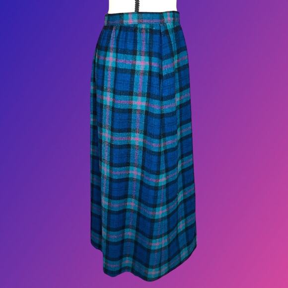 80’s Vintage Pendleton Pink Navy Blue Green Preppy Plaid Faux Wrap Wool Skirt 6 - Picture 2 of 11